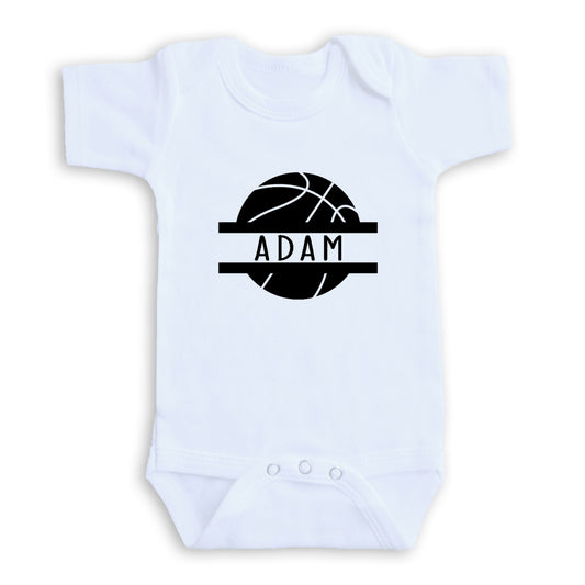 A white baby onesie with a black basketball graphic and the name "ADAM" printed on it.