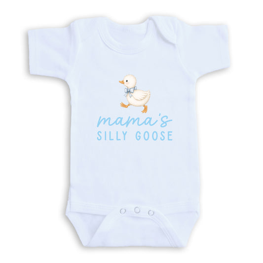 A white baby onesie with a cartoon image of a duck and the text "mama's SILLY GOOSE" printed on it.