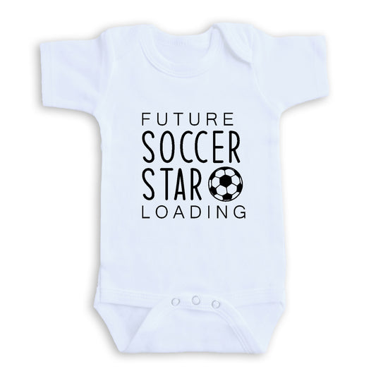 A white baby onesie with the text "FUTURE SOCCER STAR LOADING" printed on it.