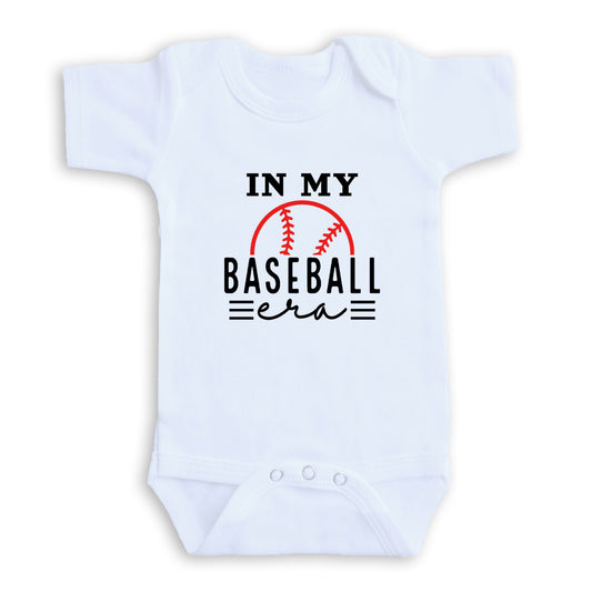 A white baby onesie with the text "IN MY BASEBALL ERA" printed on it.
