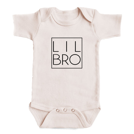 A baby onesie with the text "LIL BRO" printed on it.