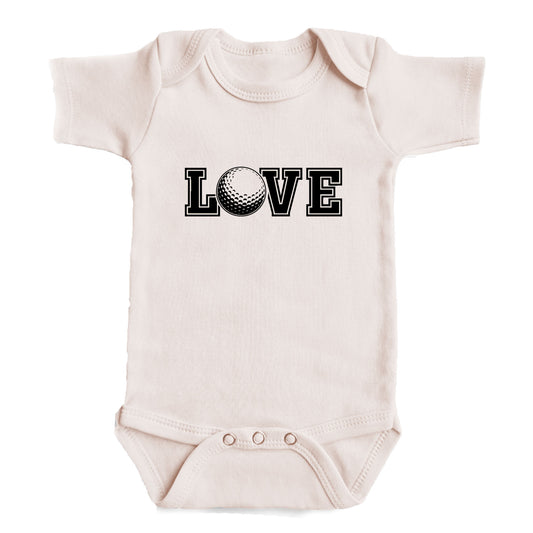 A baby onesie with the word "LOVE" printed on it.
