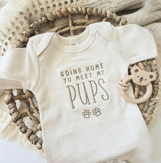 Going Home To Meet My Pups ONESIES® | Custom Newborn Embroidery F45
