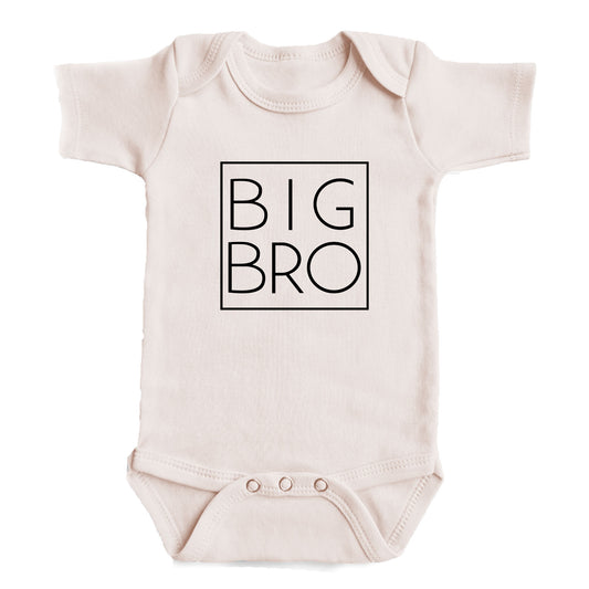 A baby onesie with the text "BIG BRO" printed on it.