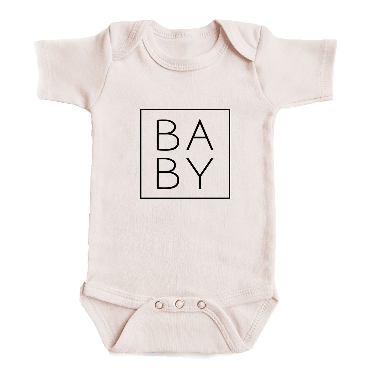 A baby onesie with the word "BABY" printed on it in a square format.