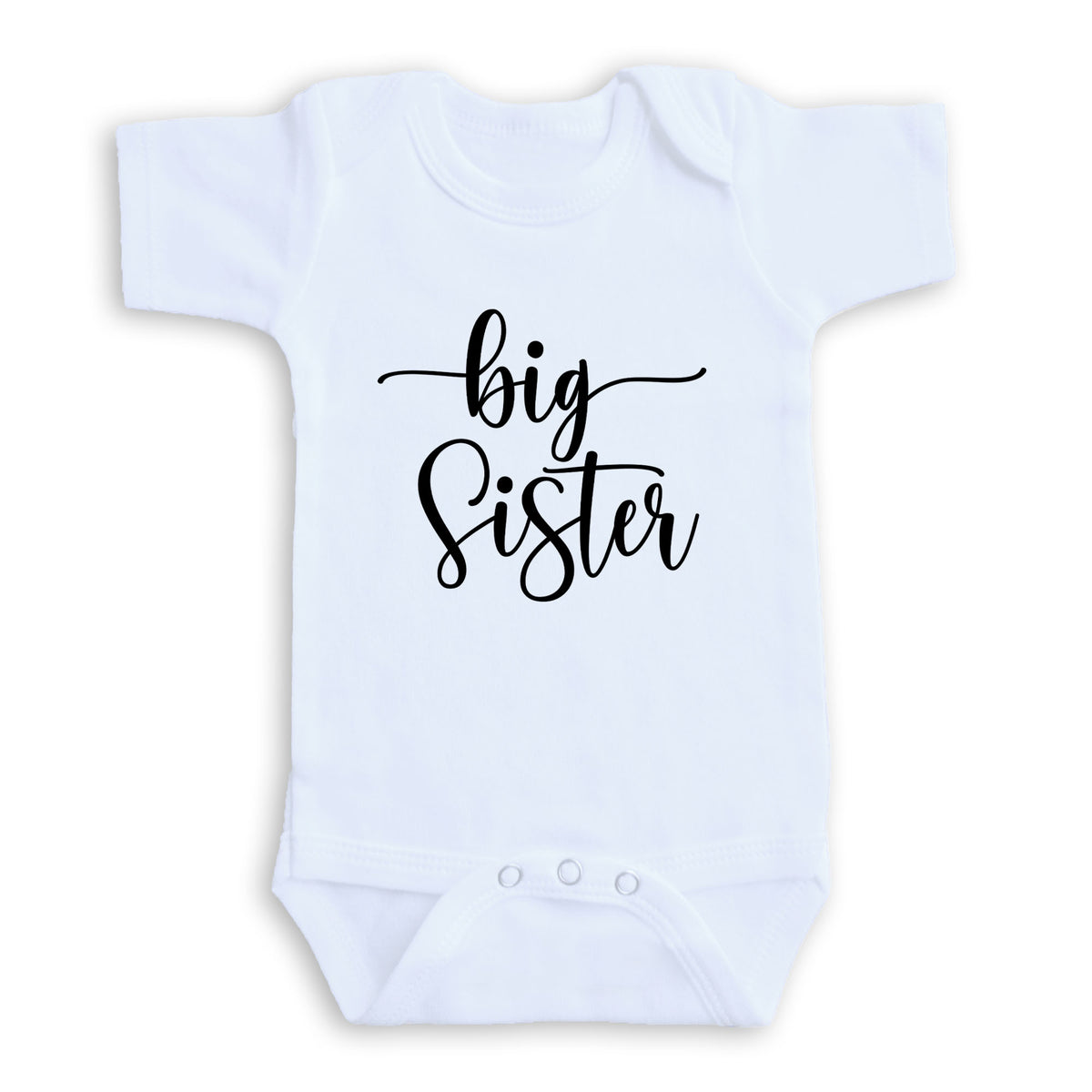 A white baby onesie with the text "big Sister" printed on it.