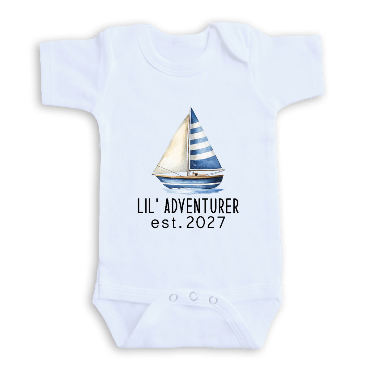 A white baby onesie with a sailboat graphic and the text "LIL' ADVENTURER est. 2027" printed on it.