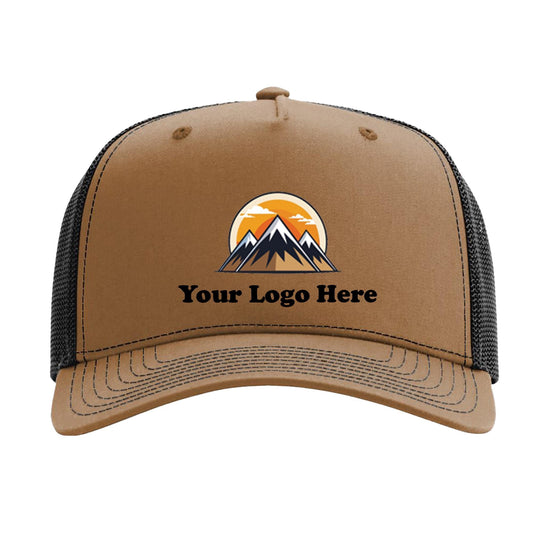 A brown baseball cap with a graphic design featuring mountains and a sun.