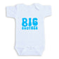 A white baby onesie with the text "BIG BROTHER" printed on it in blue.