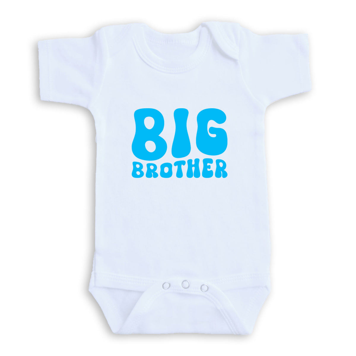 A white baby onesie with the text "BIG BROTHER" printed on it in blue.
