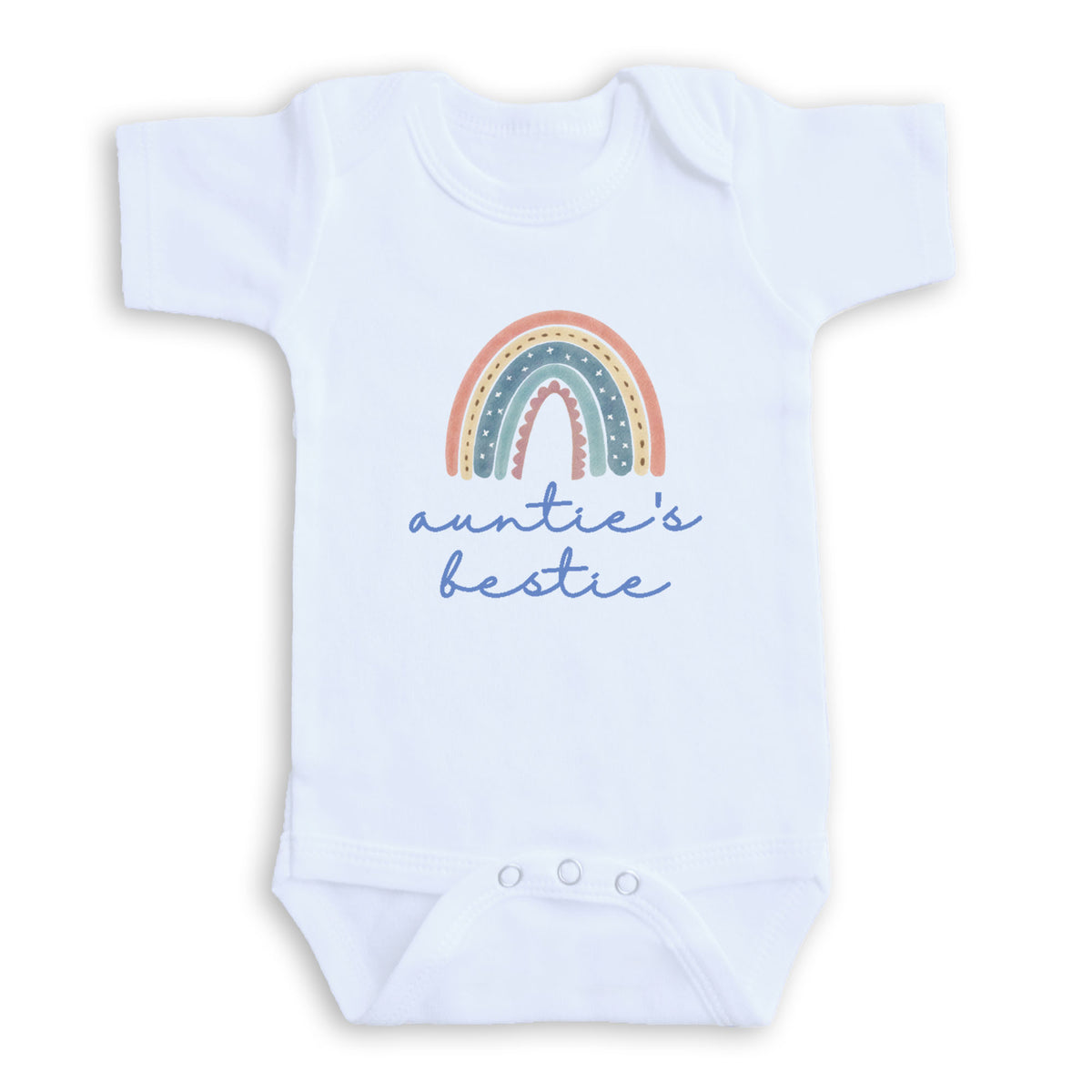 A white baby onesie with a rainbow graphic and the text "auntie's bestie" printed on it.