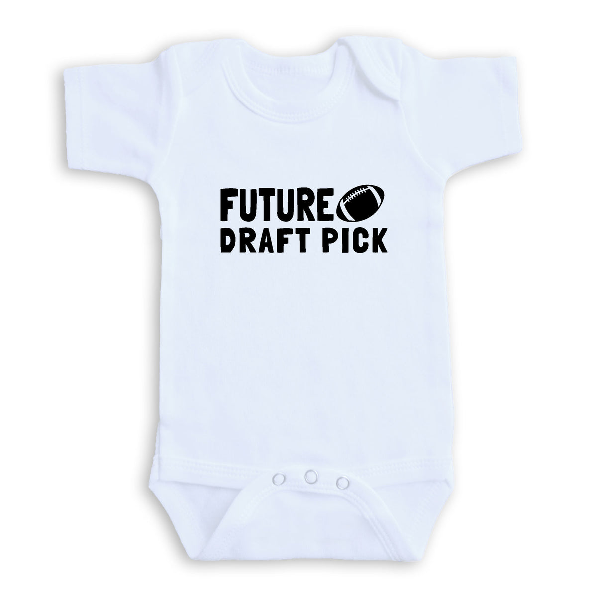 A white baby onesie with the text "FUTURE DRAFT PICK" printed on it.