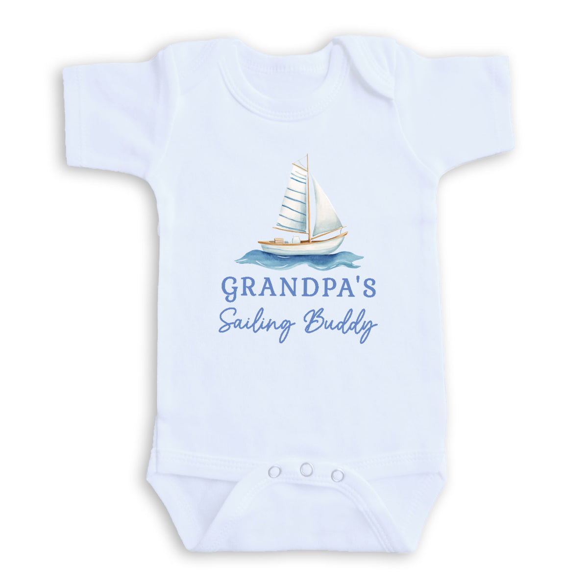A white baby onesie with a sailboat graphic and the text "Grandpa's Sailing Buddy" printed on it.