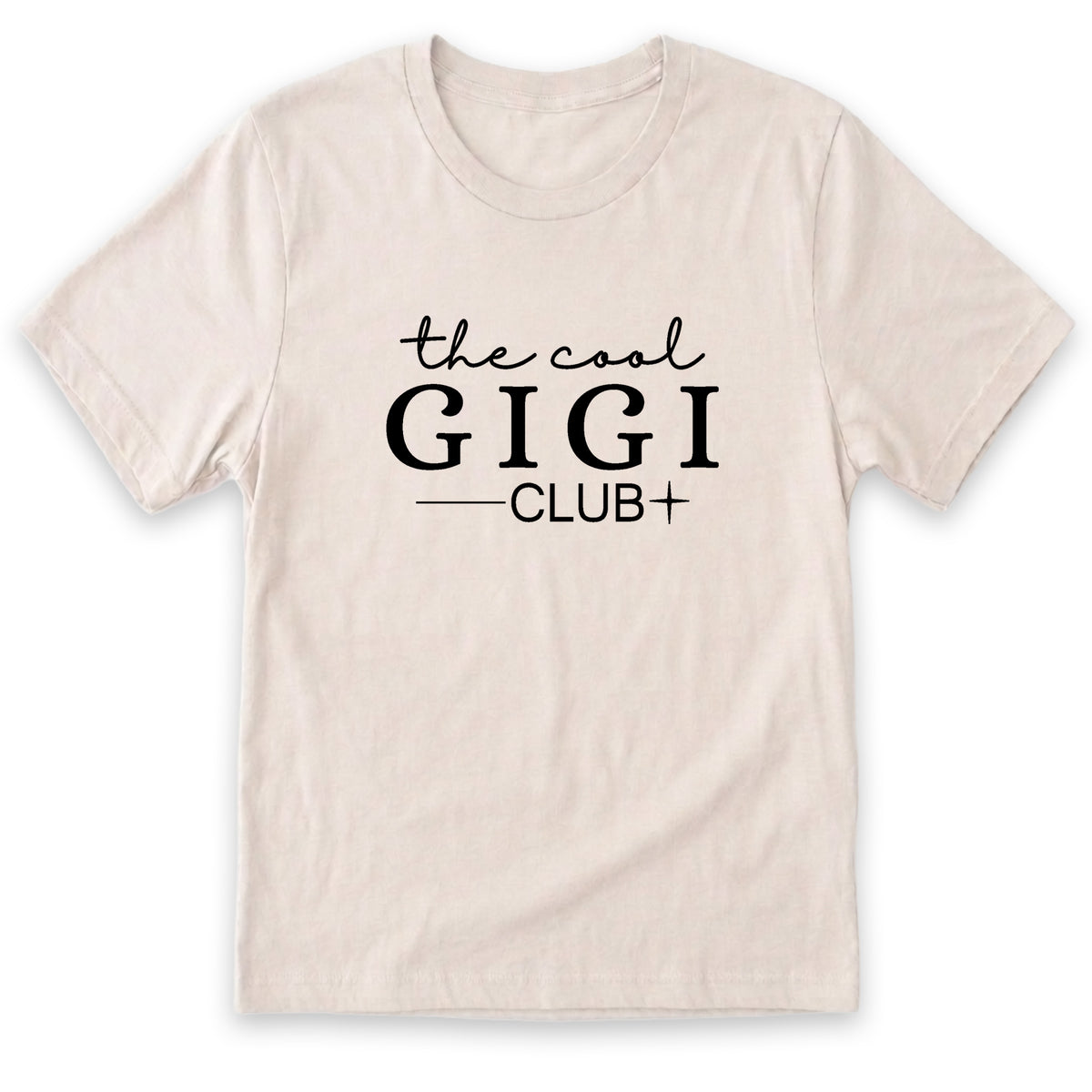 A beige t-shirt with the text "the cool GIGI club" printed on it in a casual, handwritten style.