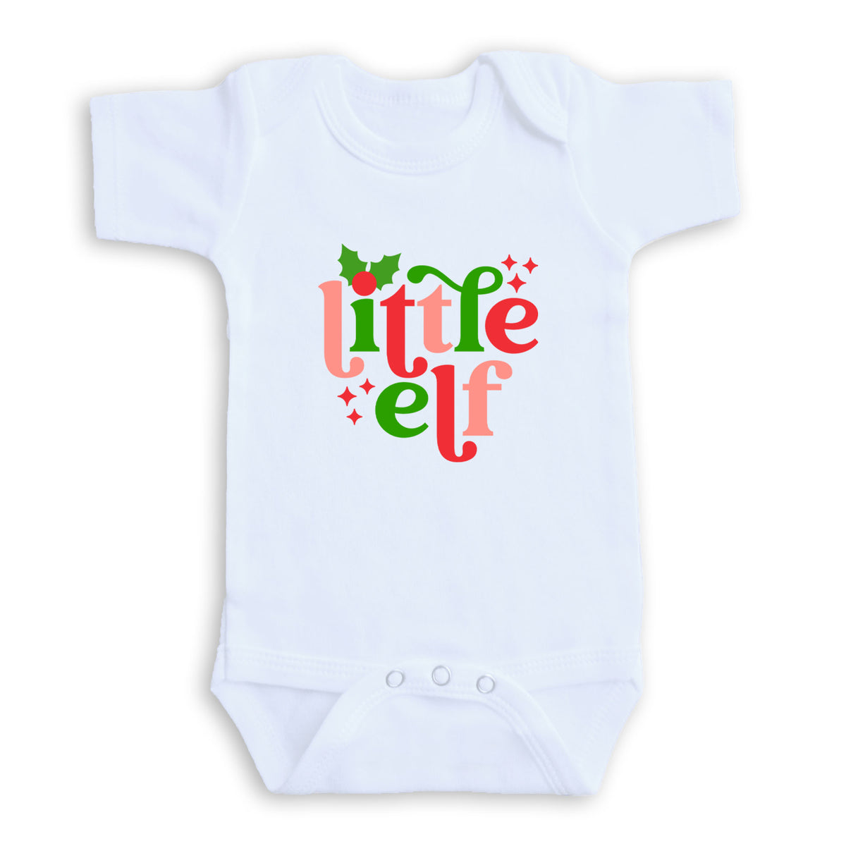 A white baby onesie with a colorful graphic design on it.