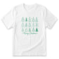 A white t-shirt with a graphic design featuring a row of stylized Christmas trees in various sizes and positions, along with the text "Merry Christmas" written below them.