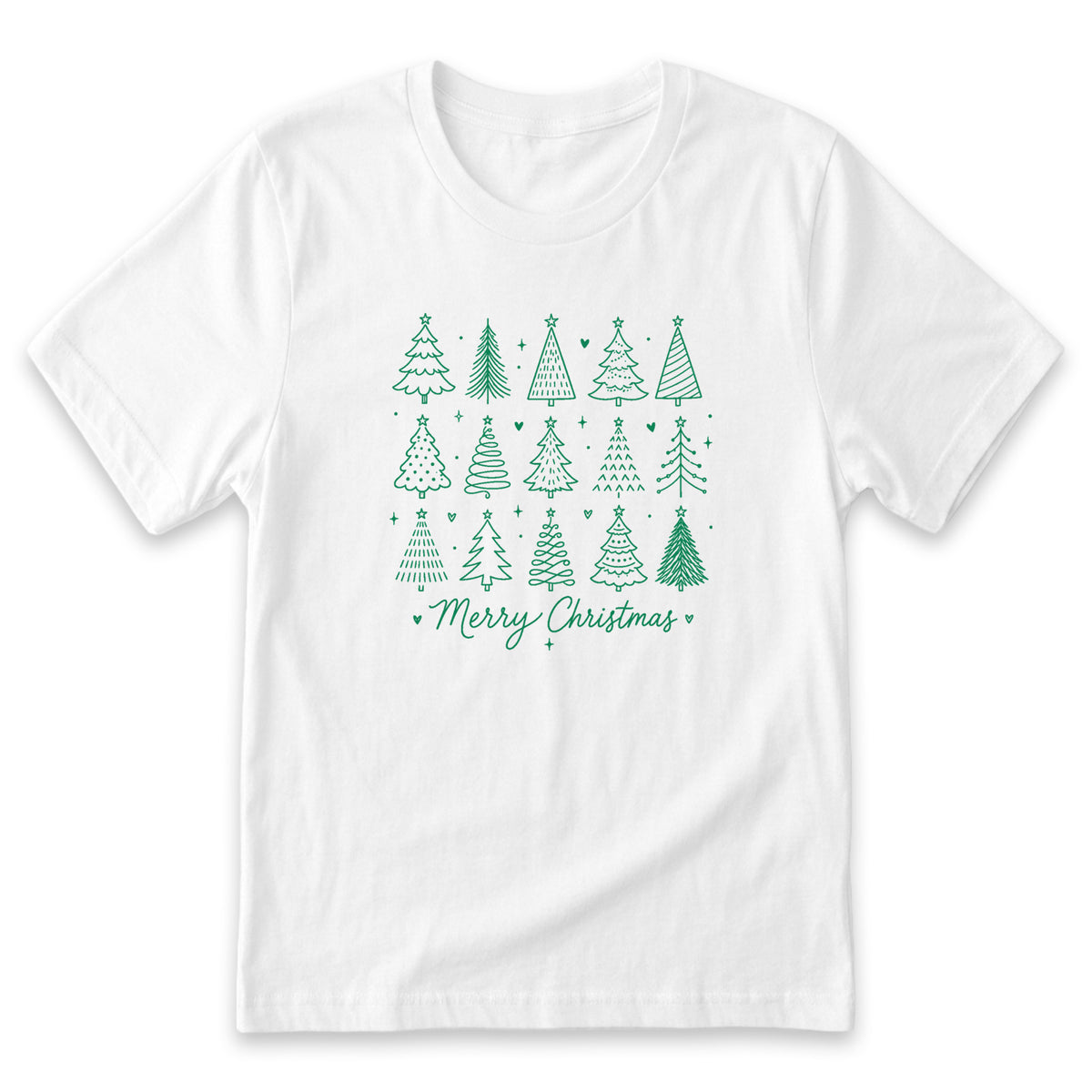 A white t-shirt with a graphic design featuring a row of stylized Christmas trees in various sizes and positions, along with the text "Merry Christmas" written below them.