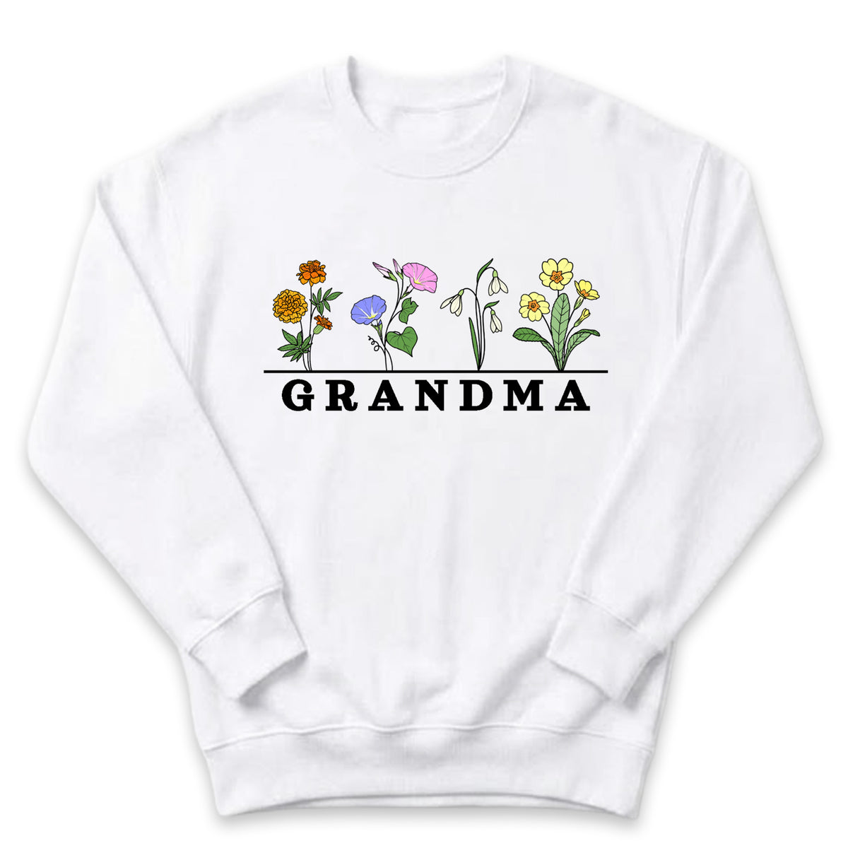 A white sweatshirt with a graphic design featuring a row of colorful flowers and the word "GRANDMA" printed on it.