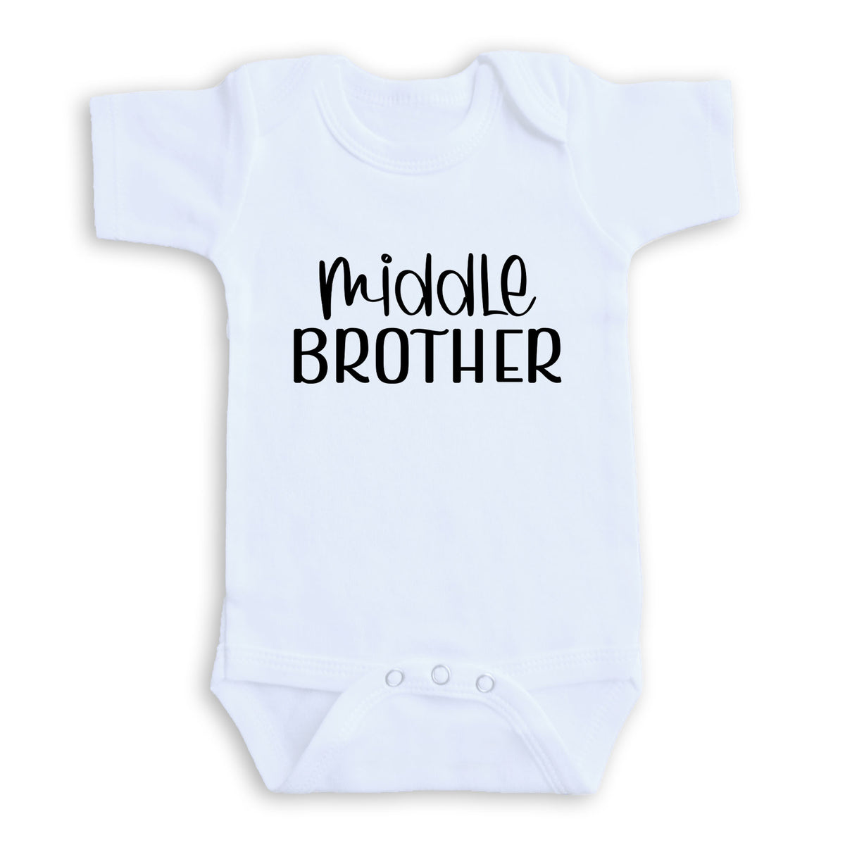A white baby onesie with the text "middle brother" printed on it.