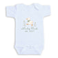 A white baby onesie with a cartoon duck and the text "Lucky Duck est. 2027" printed on it.