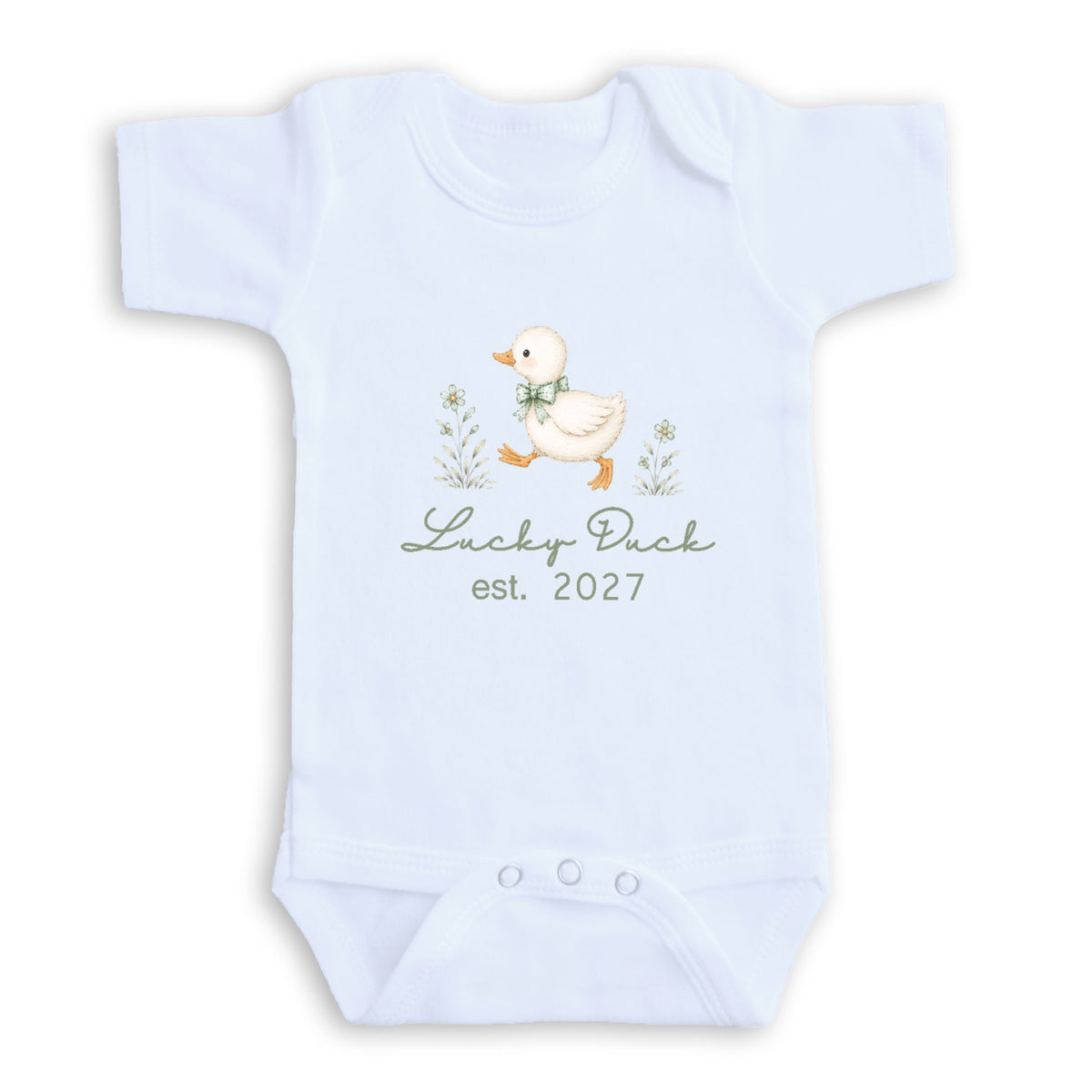 A white baby onesie with a cartoon duck and the text "Lucky Duck est. 2027" printed on it.