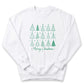 A white sweatshirt with a graphic design of various stylized Christmas trees and the text "Merry Christmas" printed on it.