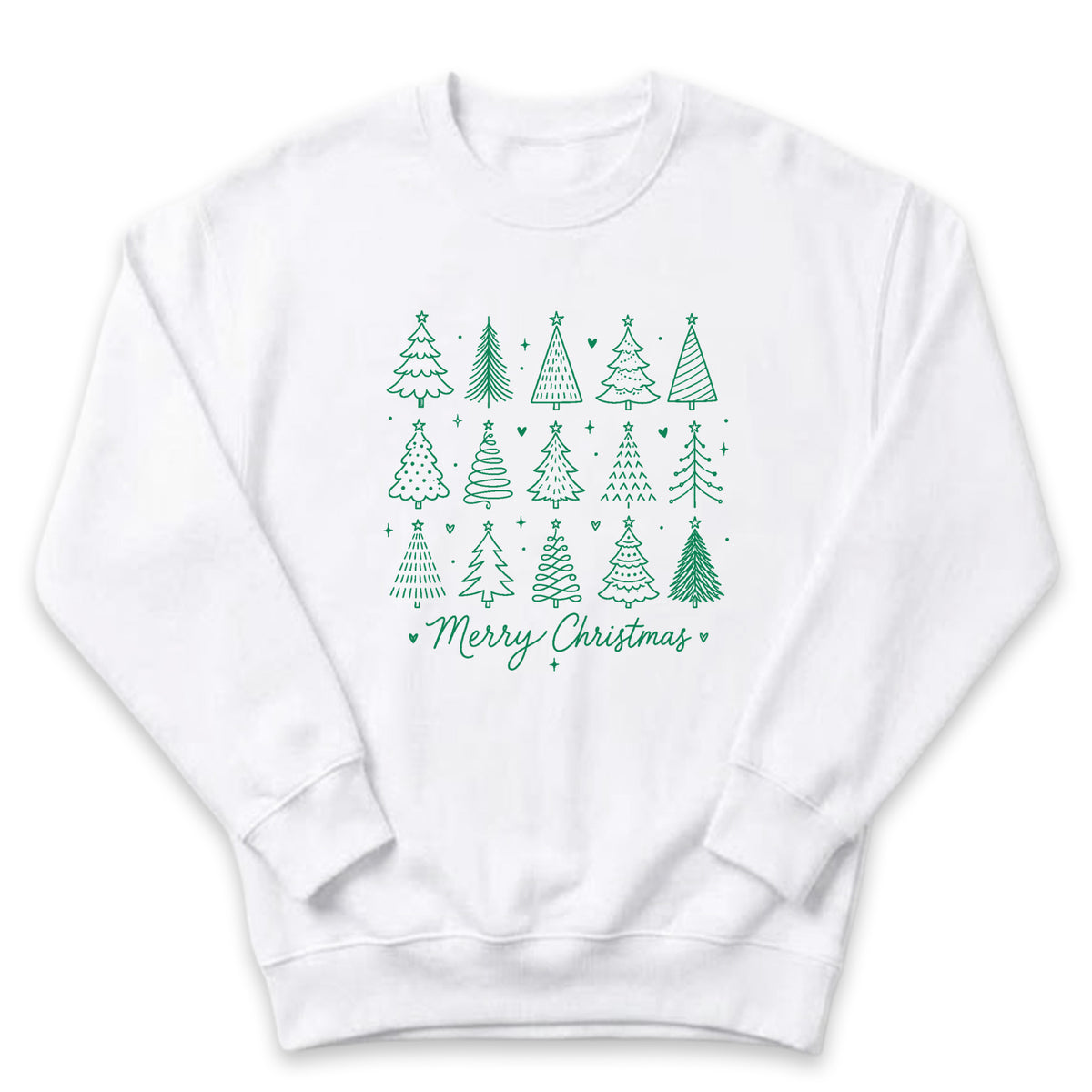 A white sweatshirt with a graphic design of various stylized Christmas trees and the text "Merry Christmas" printed on it.