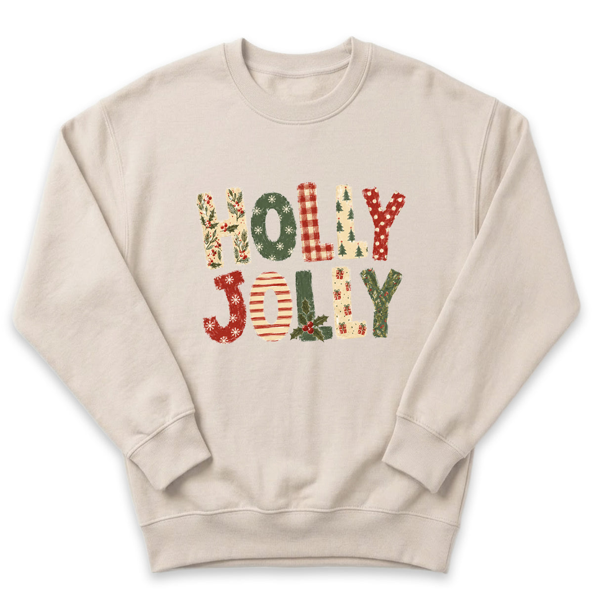 A beige sweater with the text "HOLY JOY" printed on it in a festive, holiday-themed font.