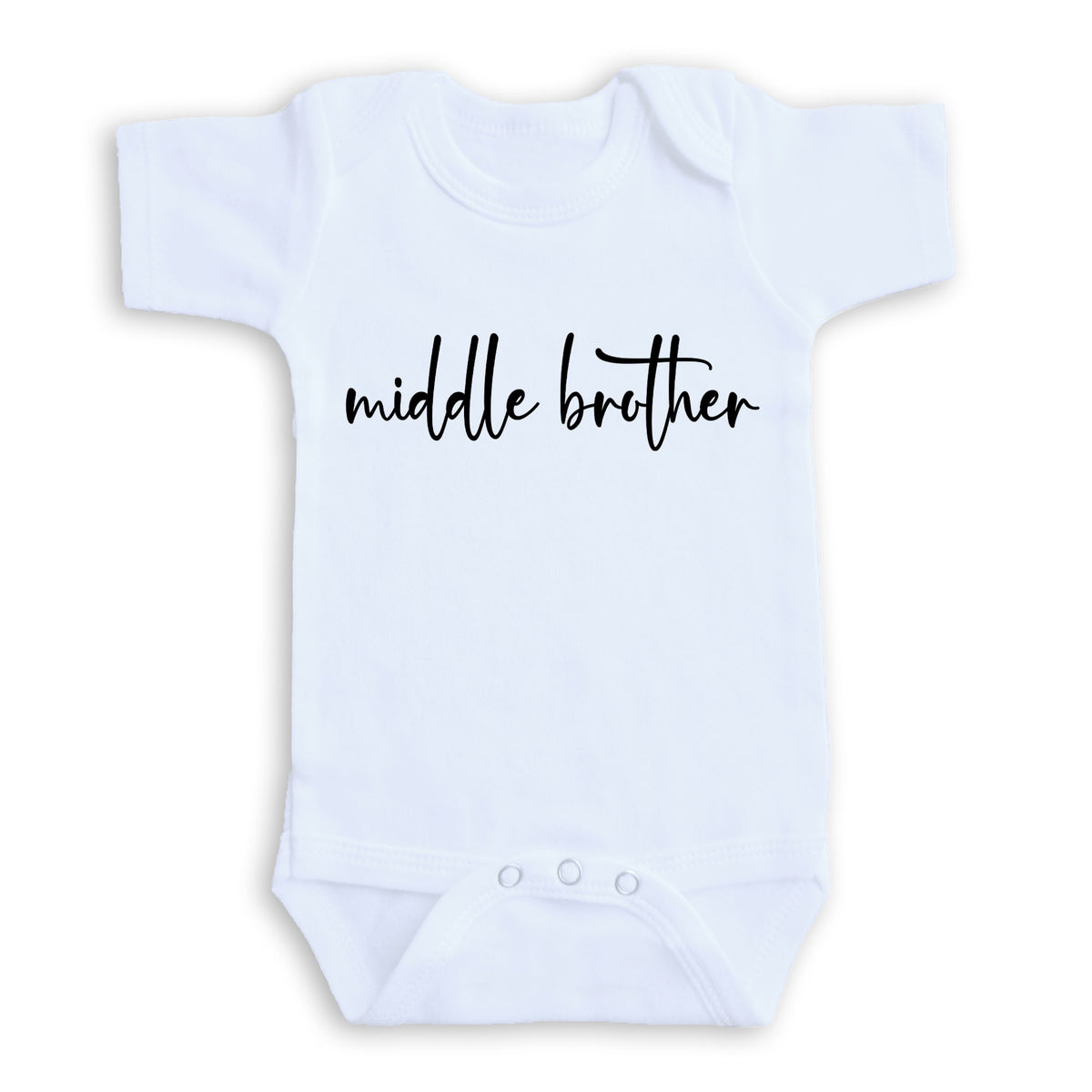 A white baby onesie with the text "middle brother" printed on it.
