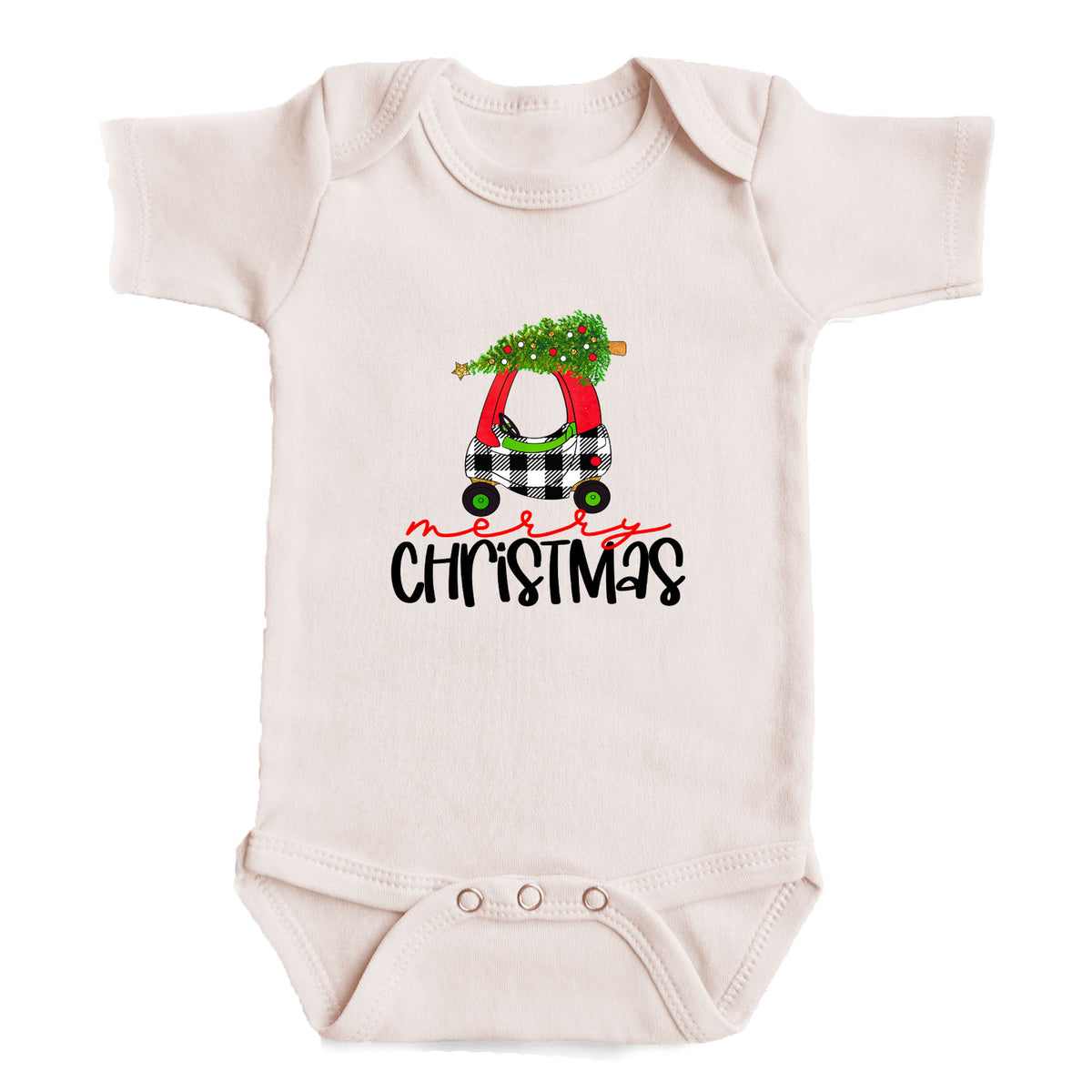 A white baby onesie with a Christmas-themed graphic and text printed on it.