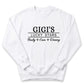 A white sweatshirt with the text "GIGI'S LUCKY STARS" printed on it.
