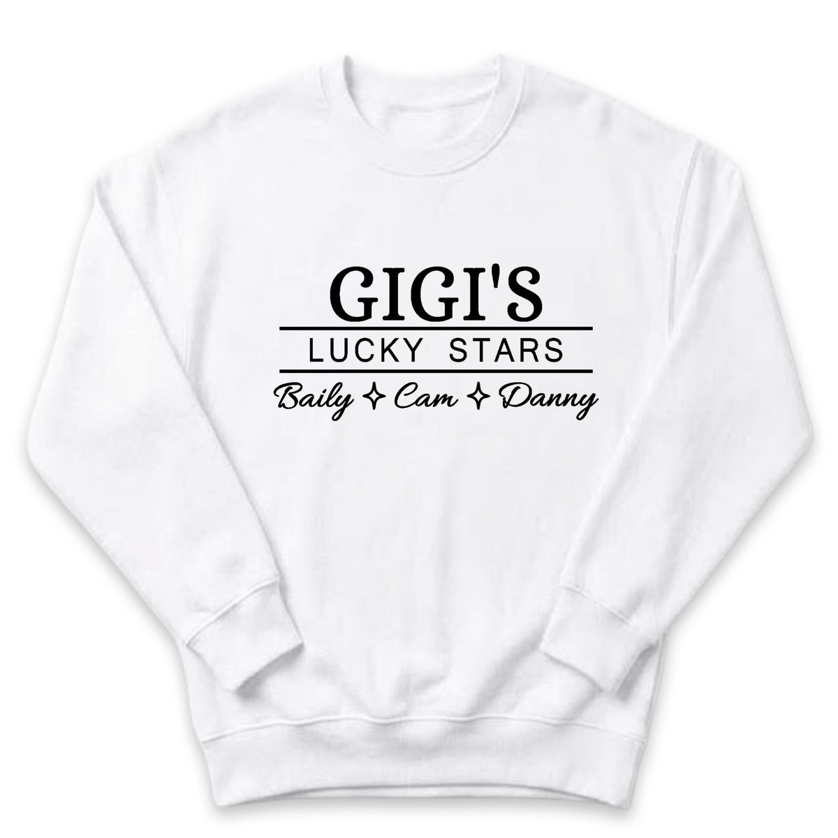 A white sweatshirt with the text "GIGI'S LUCKY STARS" printed on it.