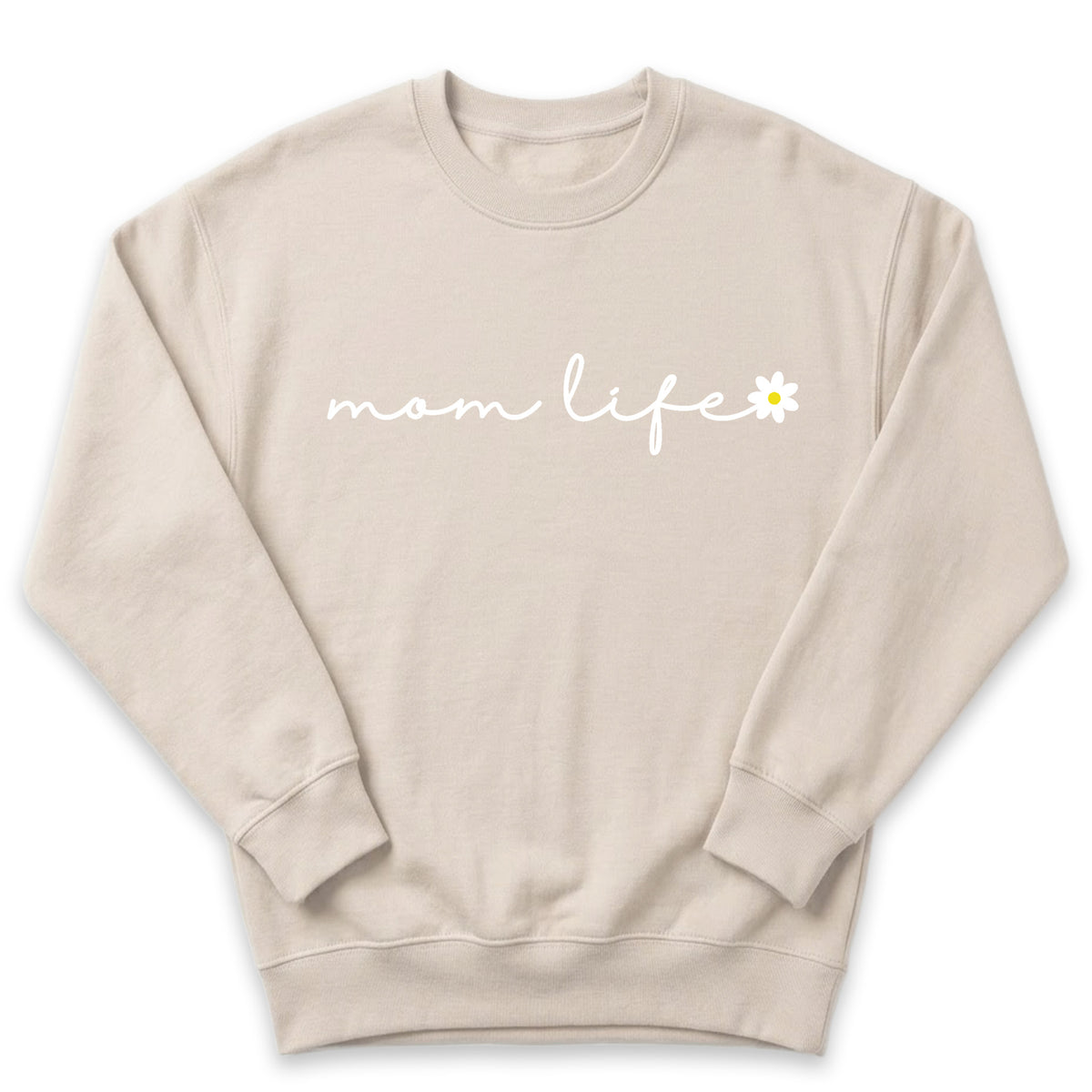 A beige sweatshirt with the text "momm life" printed on it.