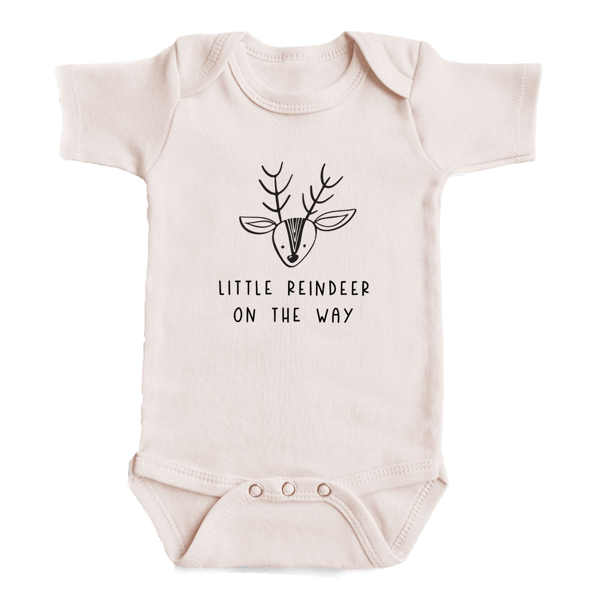 A baby onesie with a reindeer design and the text "Little reindeer on the way" printed on it.
