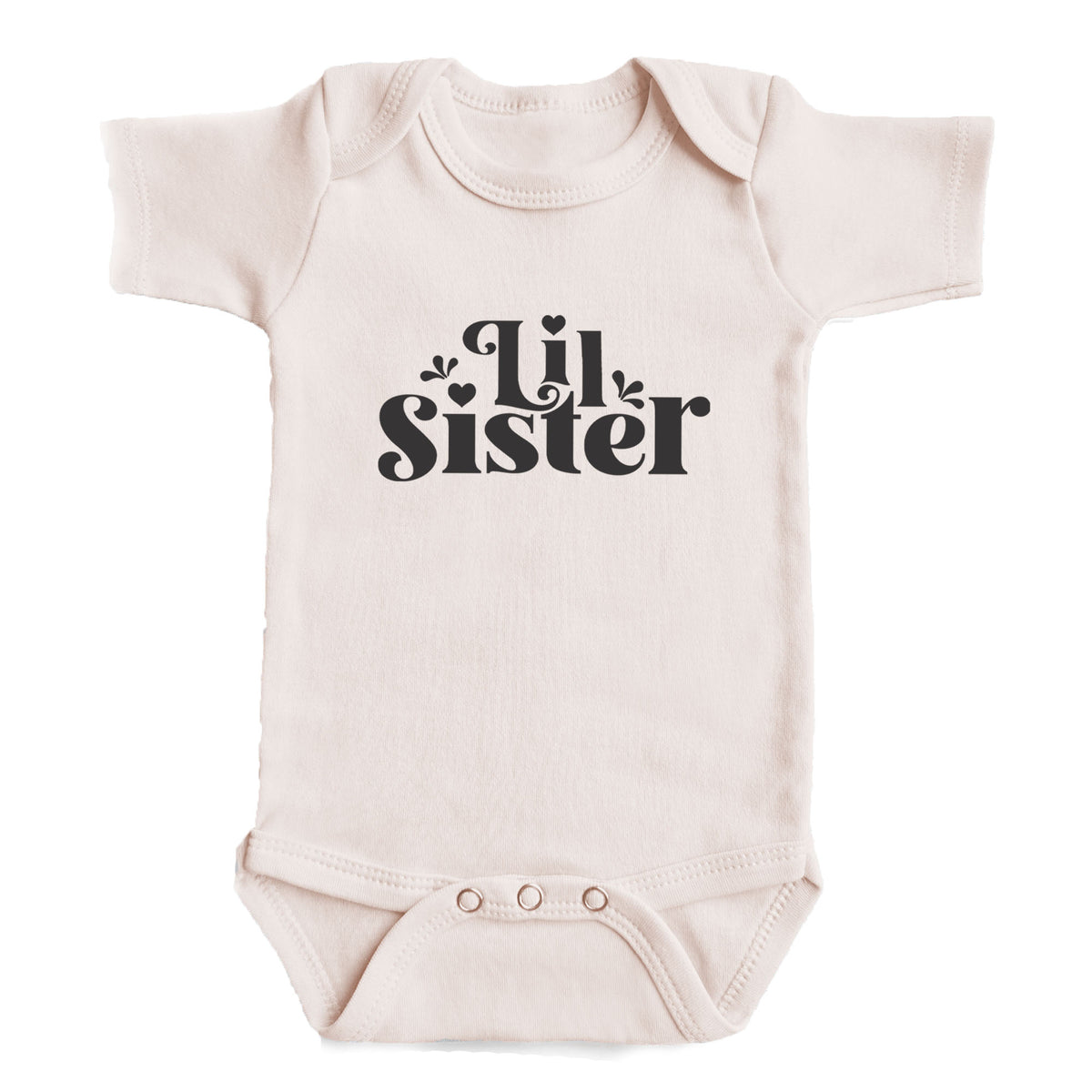 A baby onesie with the text "Lil Sister" printed on it.
