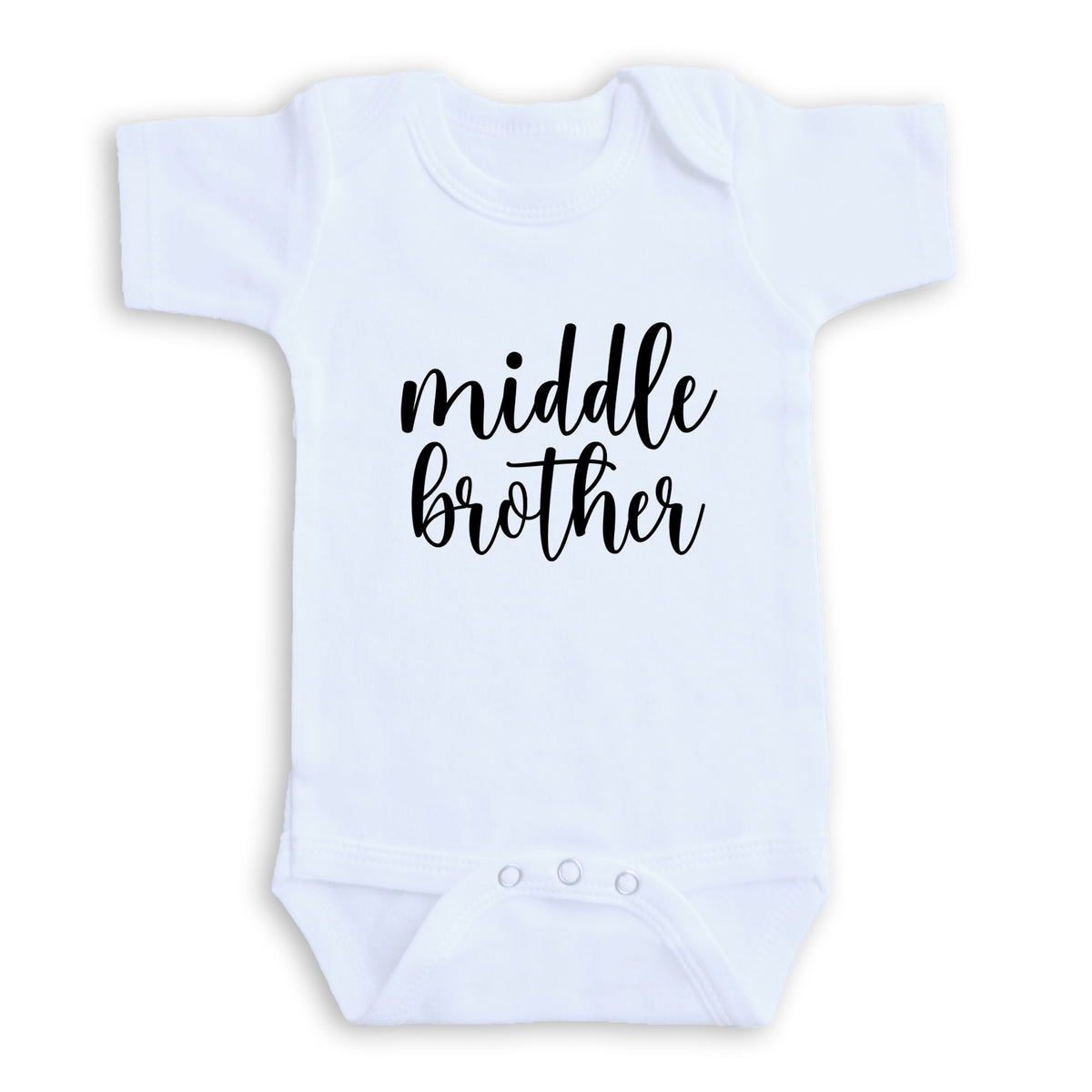 A white baby onesie with the text "middle brother" printed on it.