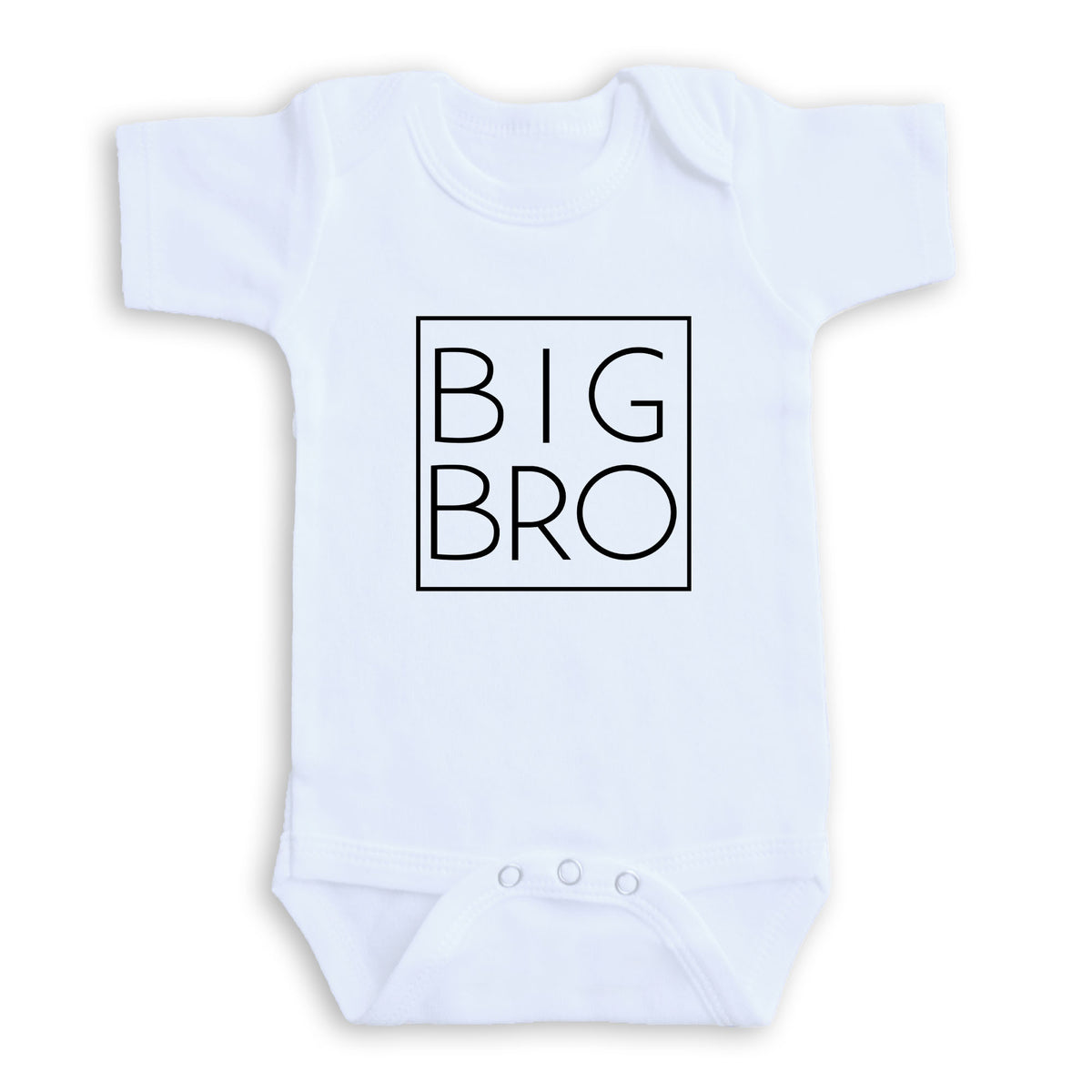 A white baby onesie with the text "BIG BRO" printed on it.