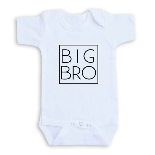 A white baby onesie with the text "BIG BRO" printed on it.