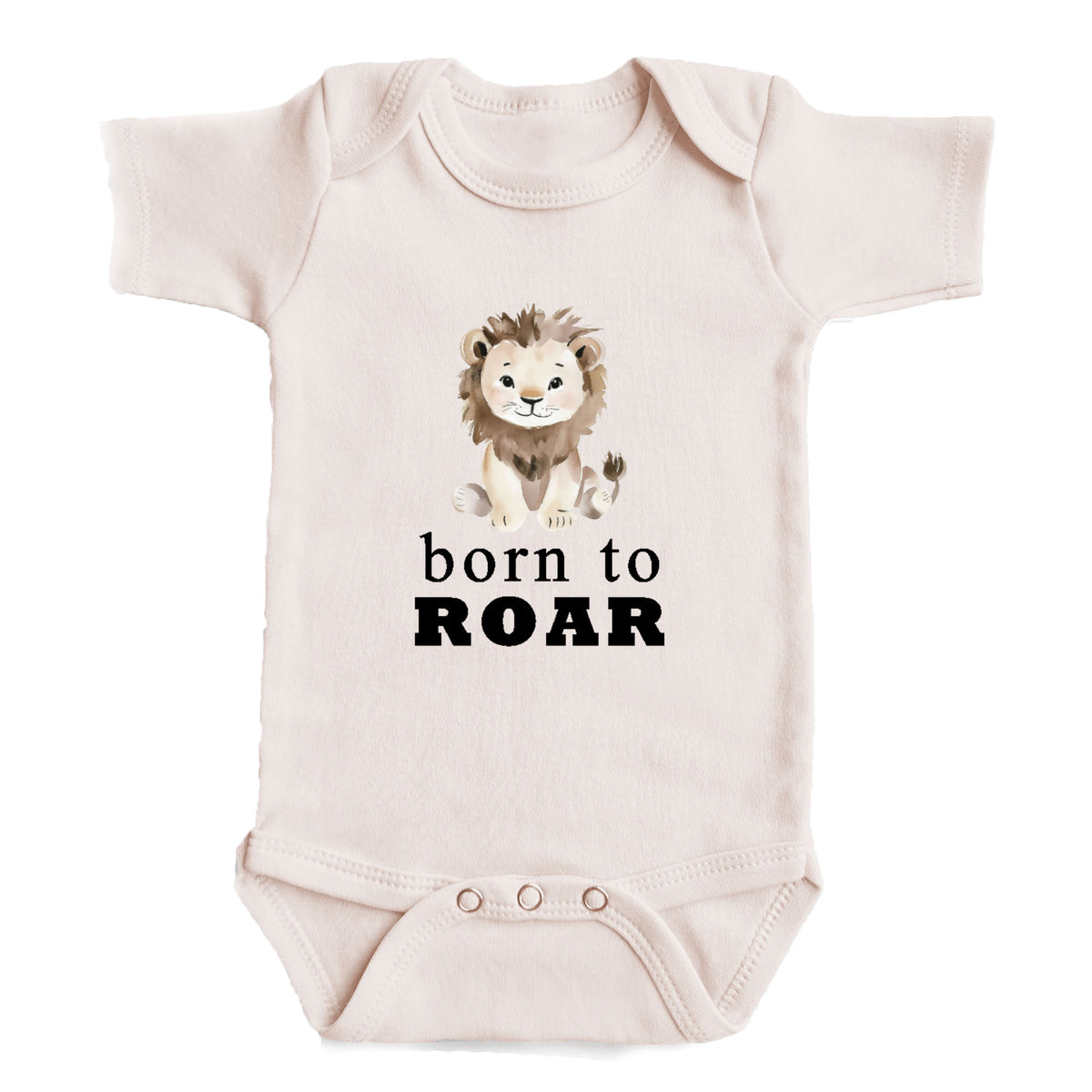 A baby onesie with a cartoon lion and the text "born to roar" printed on it.