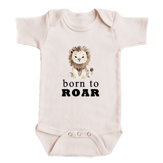 A baby onesie with a cartoon lion and the text "born to roar" printed on it.