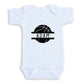 A white baby onesie with a black basketball graphic and the name "ADAM" printed on it.
