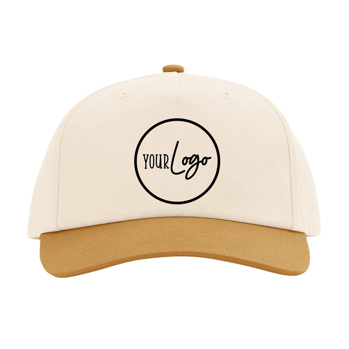 A beige baseball cap with a brown brim and a black logo on the front.