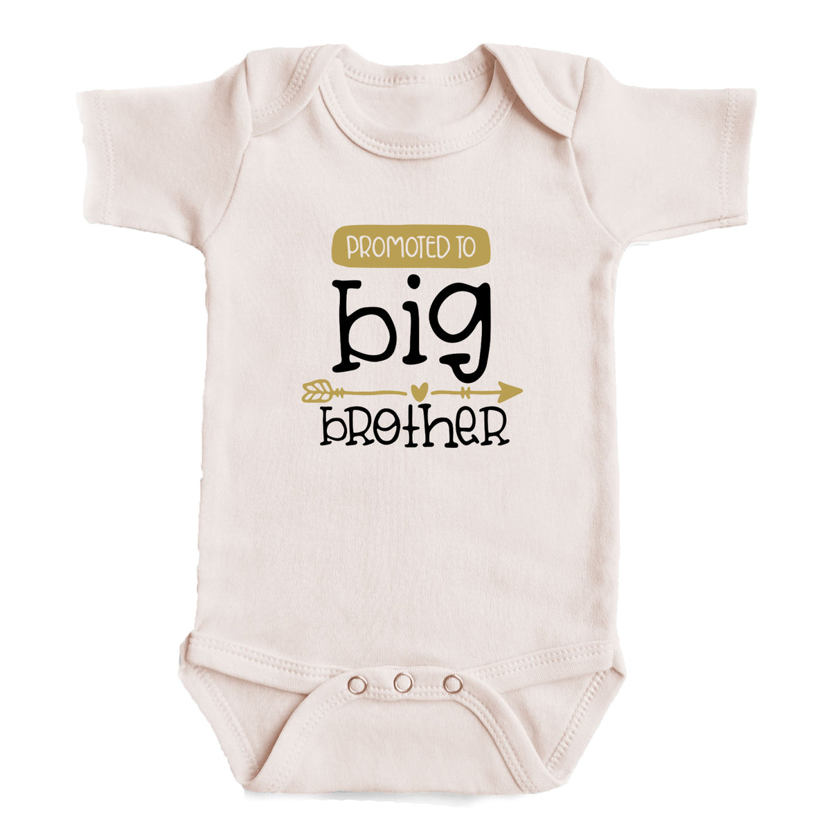 A baby onesie with the text "Promoted to big brother" printed on it.