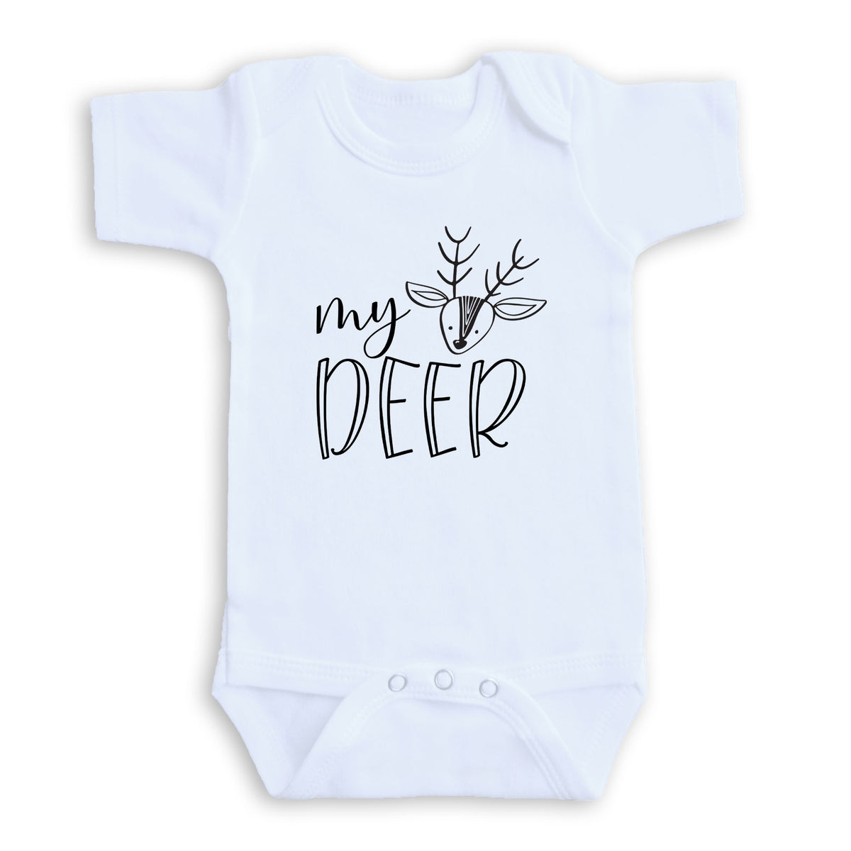 A white baby onesie with the text "my deer" printed on it.