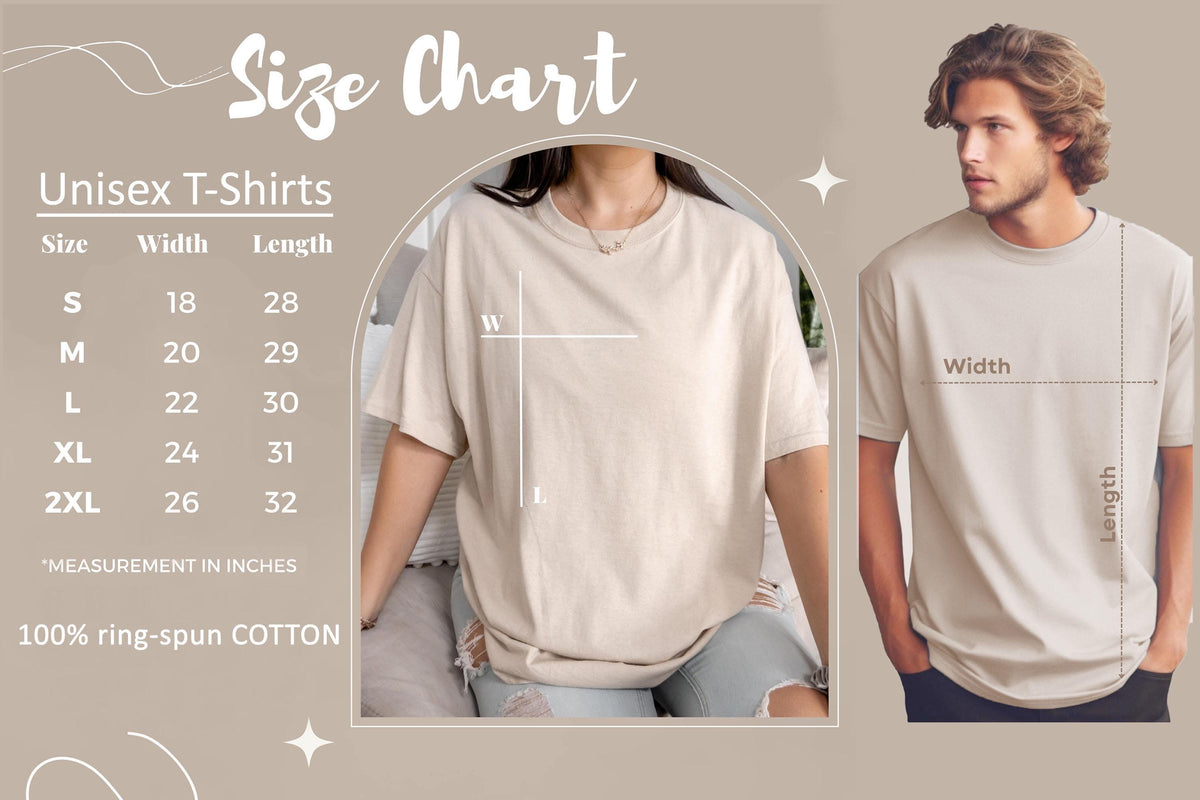The image is a size chart for unisex t-shirts, showing the measurements for different sizes. It includes a man and a woman wearing the t-shirts, along with the corresponding measurements. The chart provides a visual representation of the size differences between the two individuals.