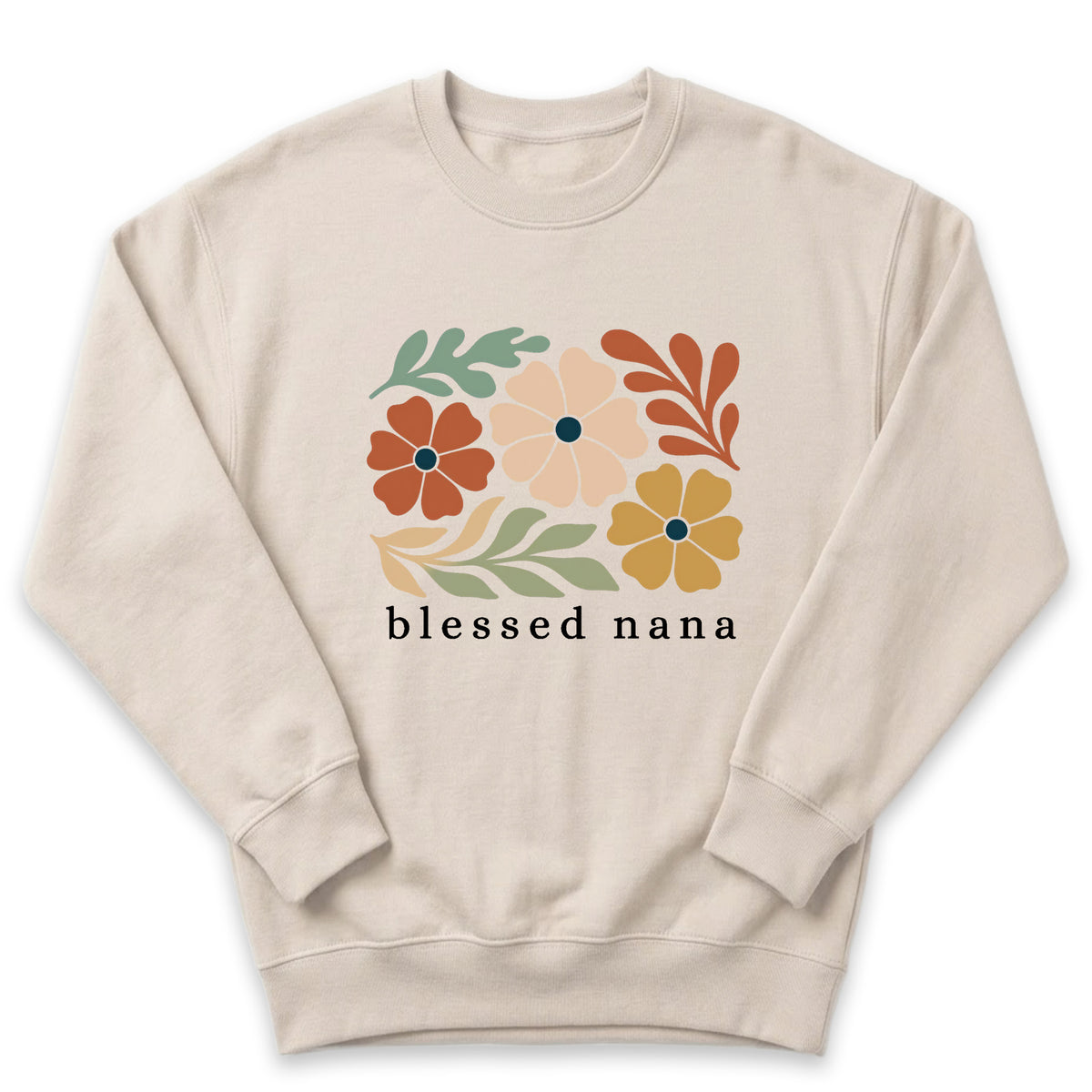 A beige sweatshirt with a graphic design featuring colorful flowers and leaves.