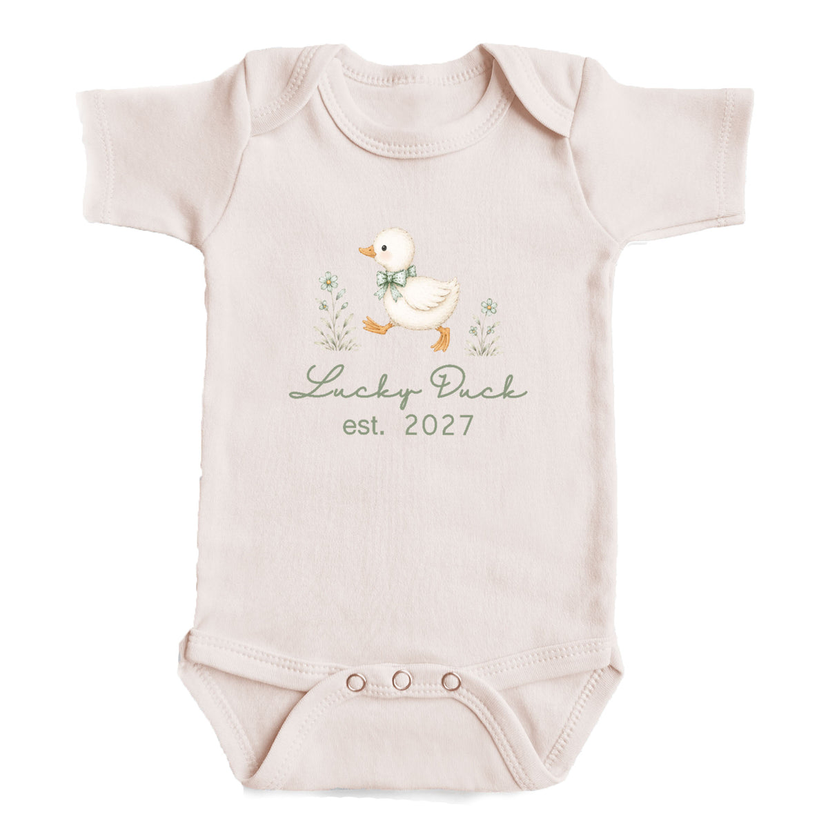 A baby onesie with a cartoon duck and the text "Lucky Duck est. 2027" printed on it.