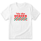 A white t-shirt with a red and green checkered pattern and the text "tis the season" printed on it.