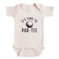 A baby onesie with the text "It's time to PAR-TEE" printed on it.
