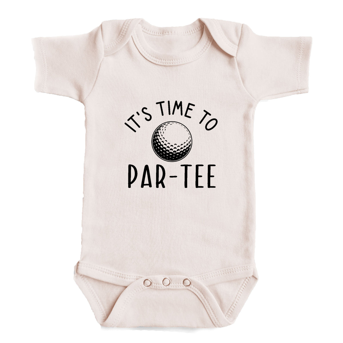 A baby onesie with the text "It's time to PAR-TEE" printed on it.